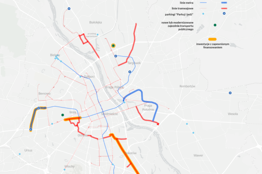 Mapa inwestycji w transport zbiorowy w programie wykonawczym do Strategii Warszawa 2030